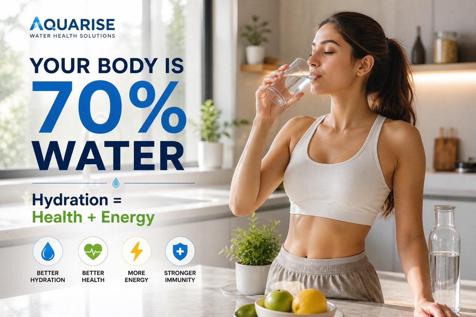 Educational infographic explaining body water percentages and alkaline water basics.