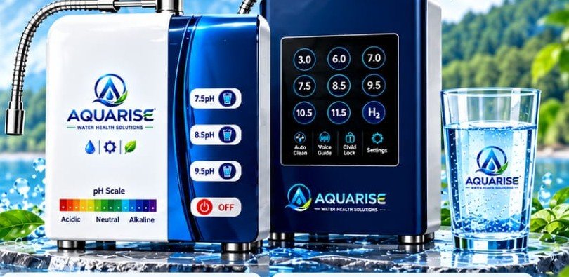 Aquarise water ionizer touchscreen showing multiple pH settings (3.0 to 11.5) and molecular hydrogen (H2), alongside its pH scale strip and a glass of ionized water.